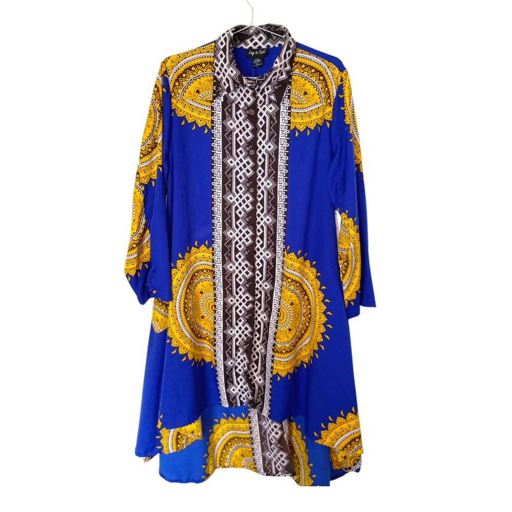 Vintage Womens Blue Yellow Mandala 16 Print High Low Button Dress XL
